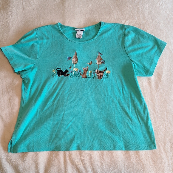 Vtg Bon Worth M Petite Teal Embroidered Crazy Cat Lady Tee - Picture 1 of 5